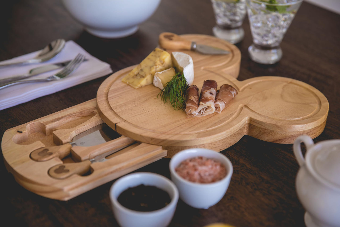 Picnic Time Disney Mickey Mouse Head Cheese & Charcuterie Board Set, Parawood Cutting Board With Hidden Drawer & 3 Cheese Cutting Tool, Fun Disney Gift, Party Platter, Picnic Set & Kitchen Serving Tray