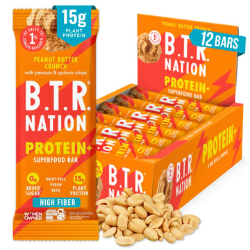 B.T.R Nation Vegan Keto Plant Based High Protein & HIgh Fiber Bars - Peanut Butter Crunch Protein+ | 12 Bars | Low Carb & GF, Fr