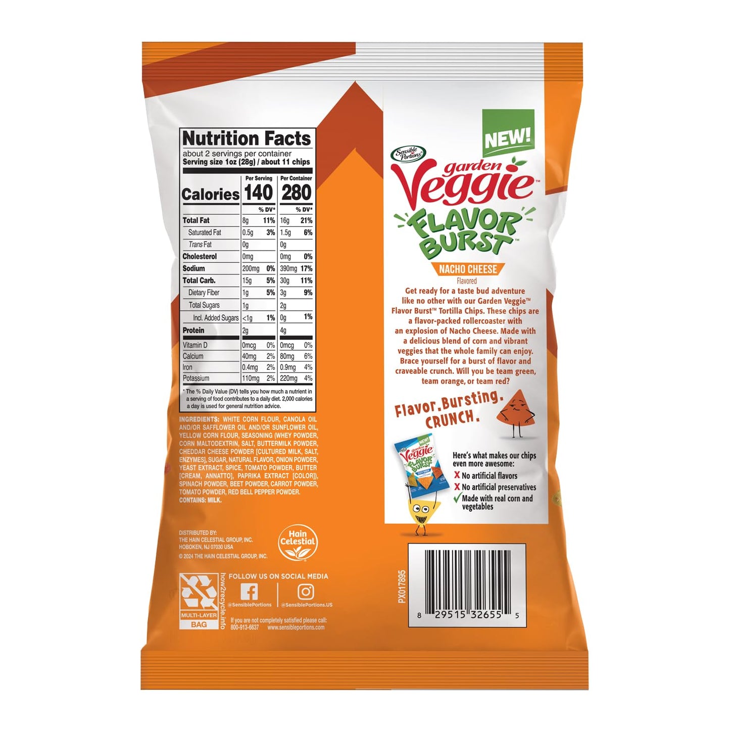 Sensible Portions Garden Veggie Flavor Burst Tortilla Chips, Nacho, 2 Oz (Pack of 12)