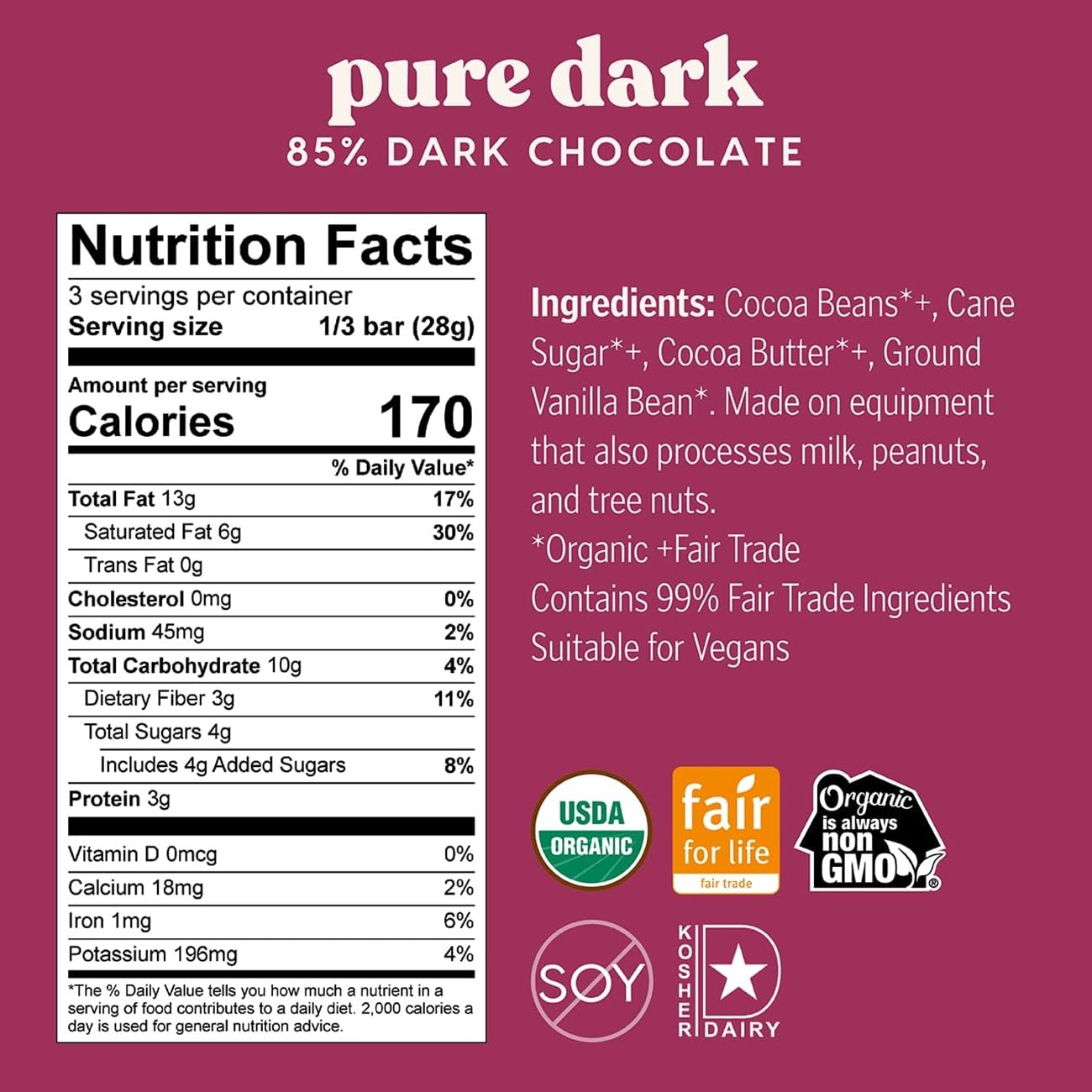 Theo Chocolate Pure Organic Dark Chocolate Bar 85% Cacao, 12 Pack | Vegan, Fair Trade