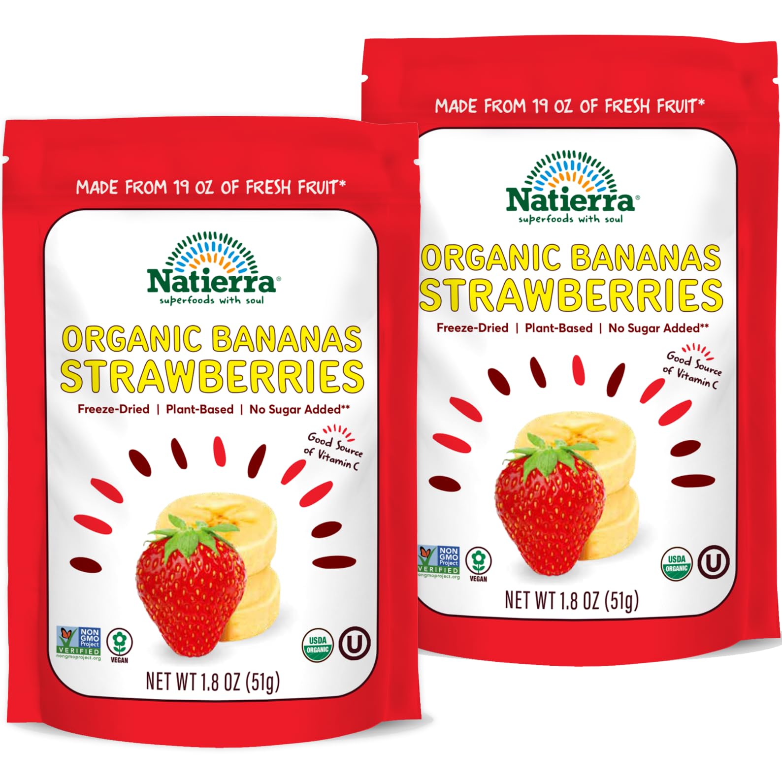 Natierra Organic Freeze-Dried Bananas and Strawberries | Non-GMO & Vegan | 1.8 Ounce (Pack of 2)