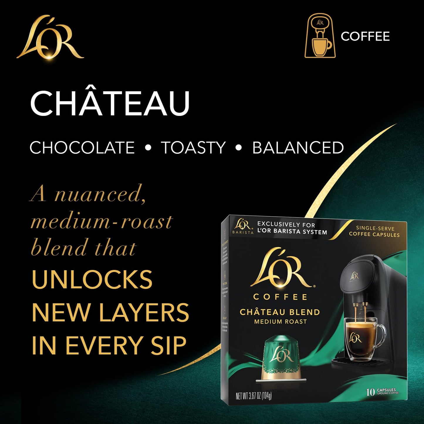 LOR Coffee Pods  10 Count Chateau Medium Roast Blend  Single-Serve Aluminum Coffee Capsules Compatible with the LOR BARISTA System & *Nespresso Original Machines  10 count (Pack of 1)