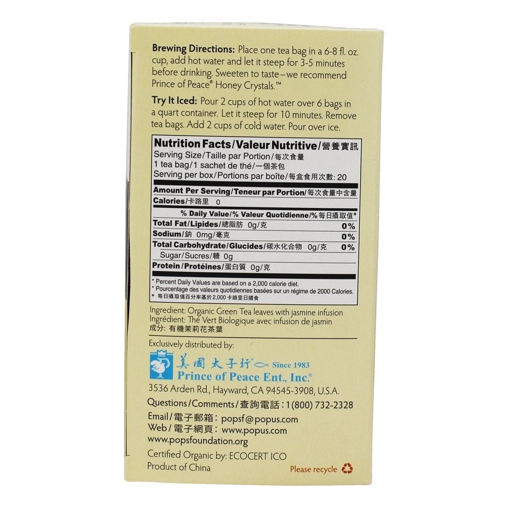 Prince of Peace Organic Jasmine Green Tea - 20 Tea Bags, 100% Organic, Lower Caffeine Alternative to Coffee, Herbal Benefits