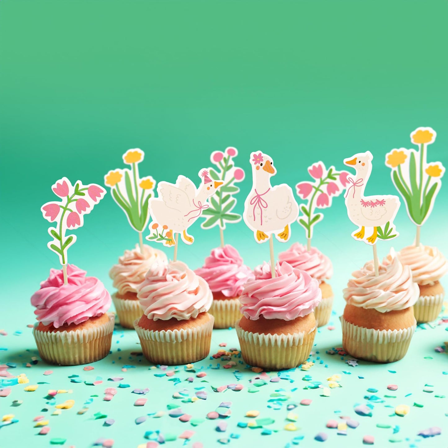 Gyufise 36Pcs Silly Goose Cupcake Toppers Birthday White Goose Baby Shower Theme Kids Baby Boy Girl Decorations Party Supplies F
