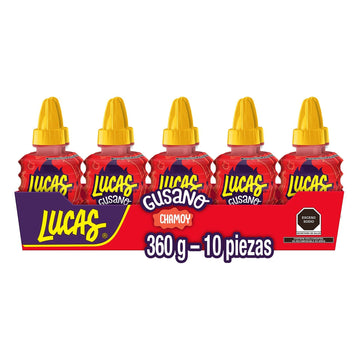 Lucas Gusano Fruity Chamoy Flavored Liquid Spicy Candy, 1.26Oz - 10 Pieces Pack For Treats, Fruit, Snack, Parties, Piñatas