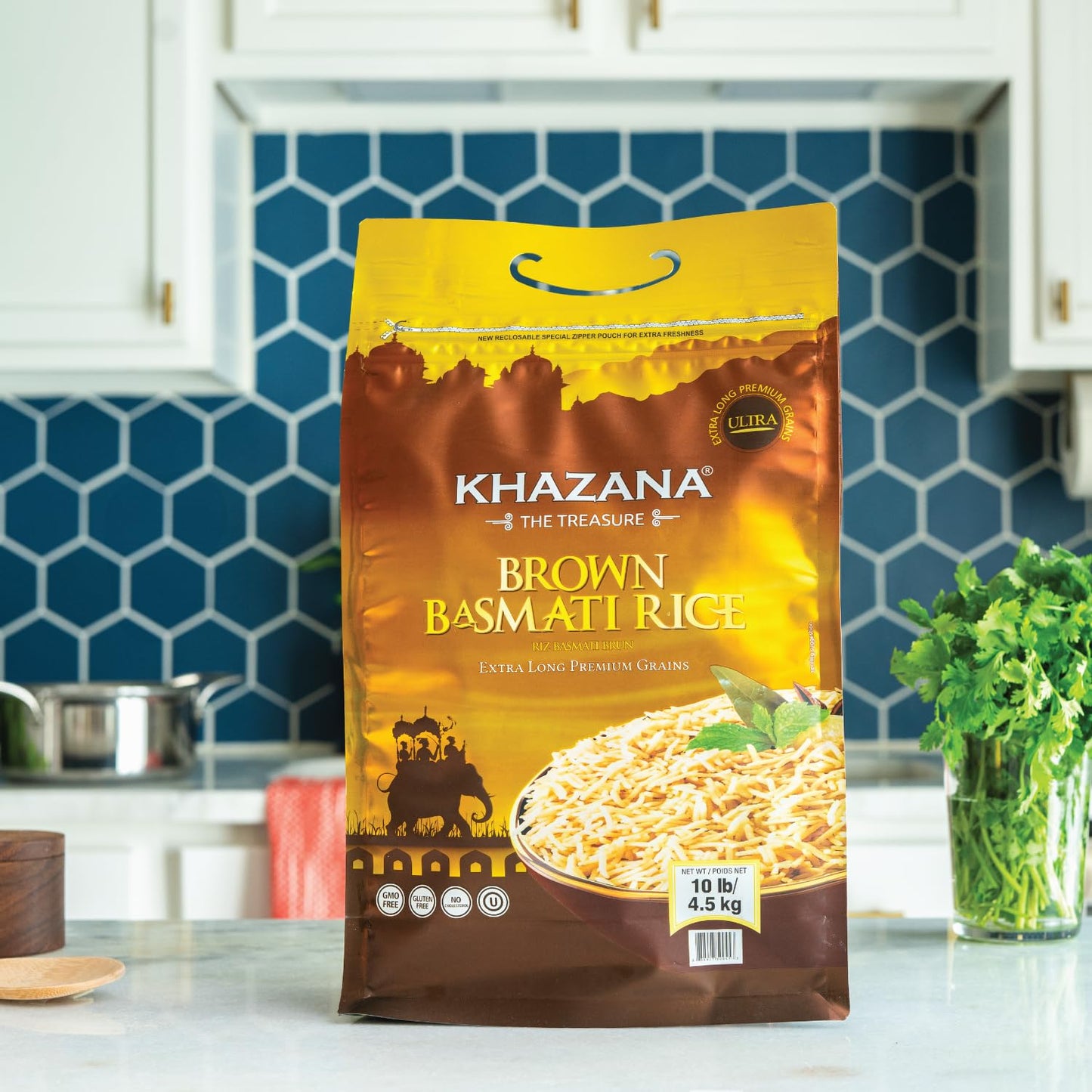 Authentic Brown Basmati Rice By Khazana In 10 Lb Bag - Aromatic And Flavorful Indian Grain - Non-Gmo, Gluten Free, Kosher, Chole