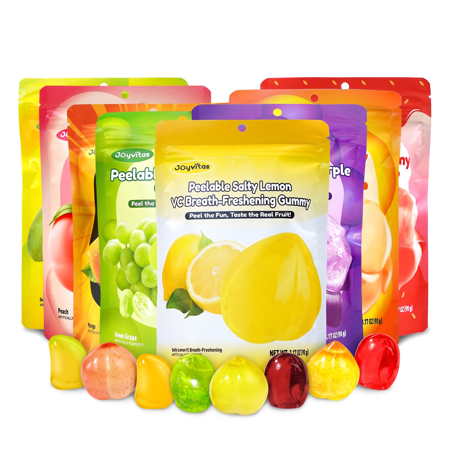 Joyvitas Peelable Gummy Mix Fruit Candy, Low Sugar, Tropical Variety Pack, 3.17 oz (8 Pack) - Mango, Peach, Lemon, Grape, Strawberry