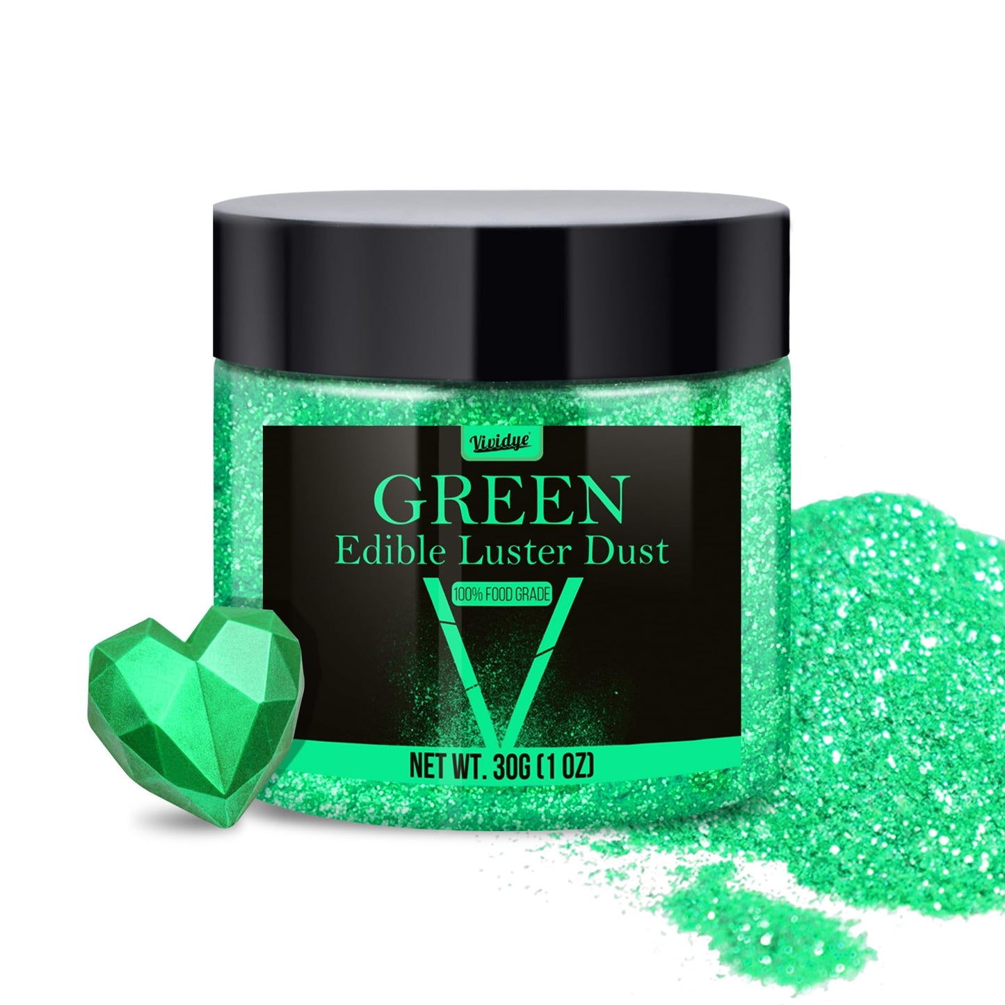 Vividye Edible Glitter Powder - 30g Luster Dust for Drinks, Foods, Cake Decoration - Green Shimmer Dust