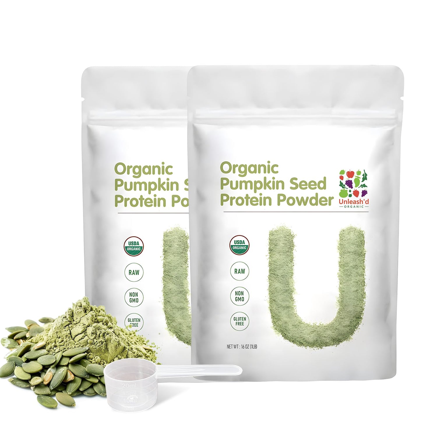 UNLEASHD ORGANIC Organic Pumpkin Seed Protein Powder 16 Ounce 2-Pack, Plant-Based, Non-GMO, Vegan, No Artificial Sweeteners