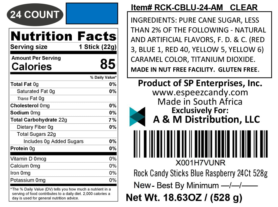 Espeez Blue Rock Candy Sticks - 24 Count - Blue Raspberry - Individually Wrapped Party Favors