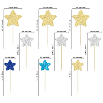 Gyufise 42Pcs Star Cupcake Toppers Gold Silver Blue Glitter Mixed Size Twinkle Little Star Cupcake Picks Decorations For Wedding