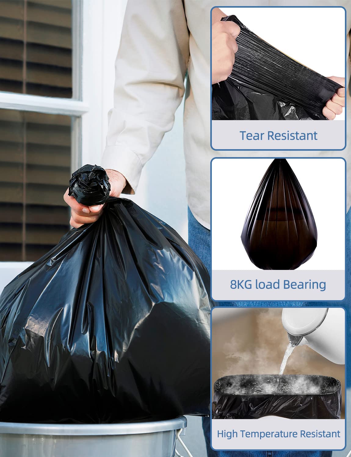 Waikas 8 Gallon Trash Bags, 40 Count, Unscented, Fit Medium Trash Can For Kitchen Bathroom Bedroom Office, Black