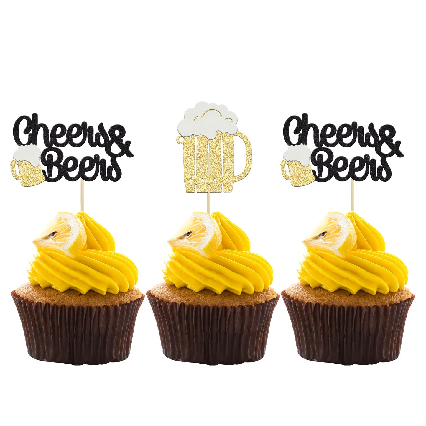 Gyufise Cupcake Toppers 24Pcs Black Glitter Beer Mug Decorations for Baby Shower Birthday Party