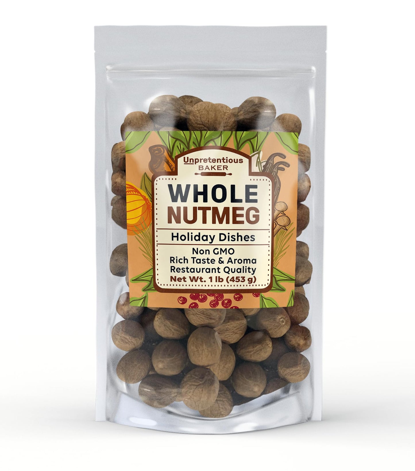 Unpretentious Whole Nutmeg, Gluten Free, 1 lb Resealable Bag, Ideal for Holiday Dishes & Baked Goods