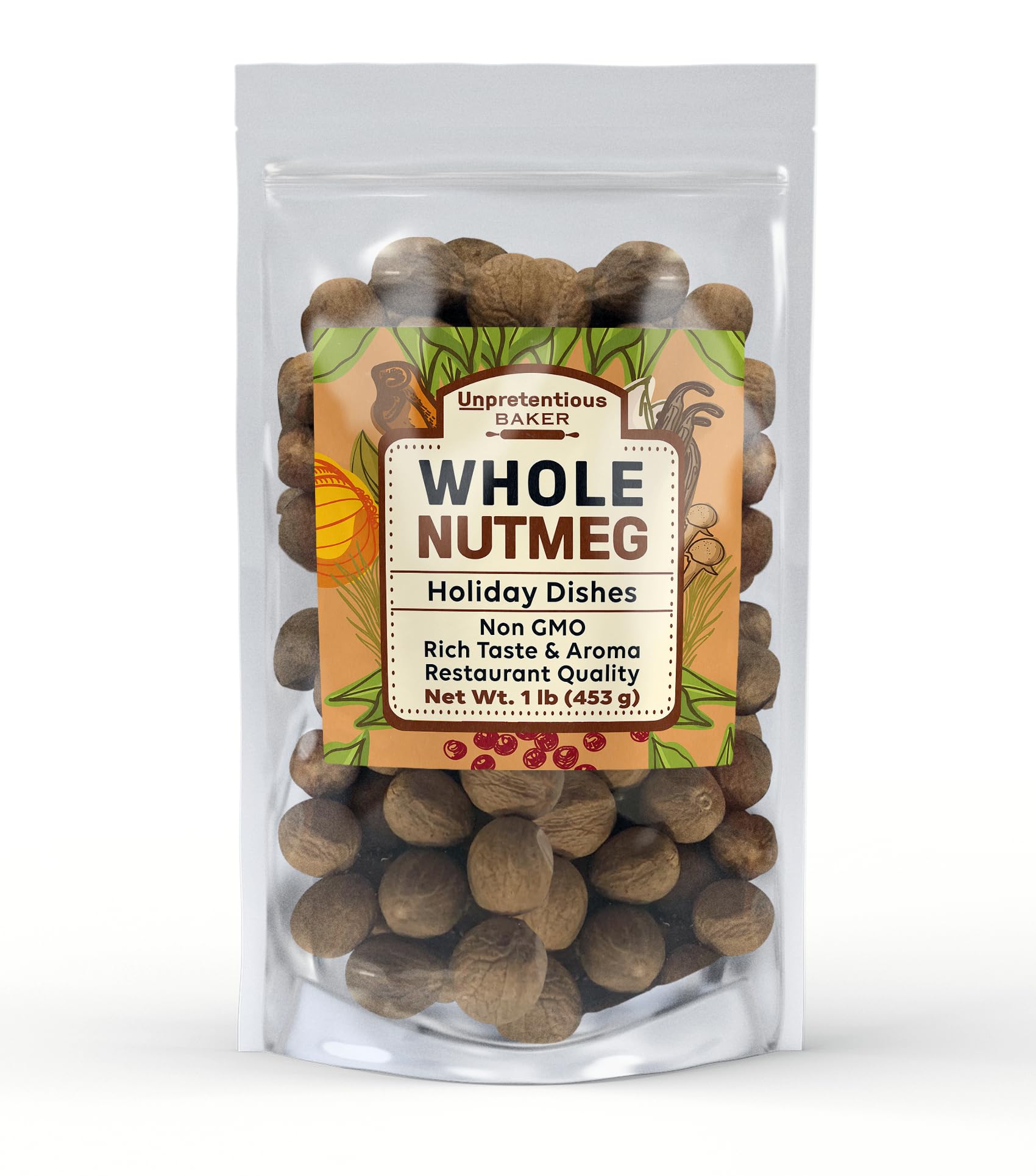Unpretentious Whole Nutmeg, Gluten Free, 1 lb Resealable Bag, Ideal for Holiday Dishes & Baked Goods