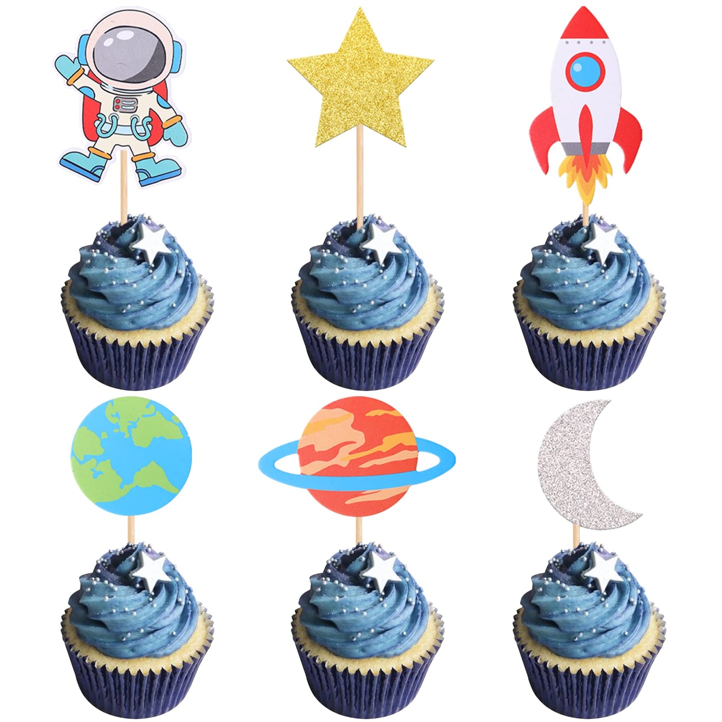 YCTHUNFISH 36 Pack Space Astronaut Cupcake Toppers - Outer Space Theme Decorations for Baby Shower & Kids Birthday Party - Small Size