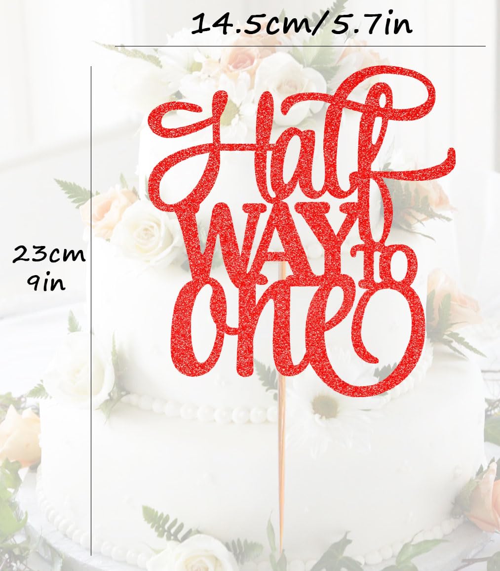 Ahaoray Half Way To One Cake Topper - Red Glitter 6 Months Birthday Decorations Supplies - Half Birthday Decorations Baby Girl,
