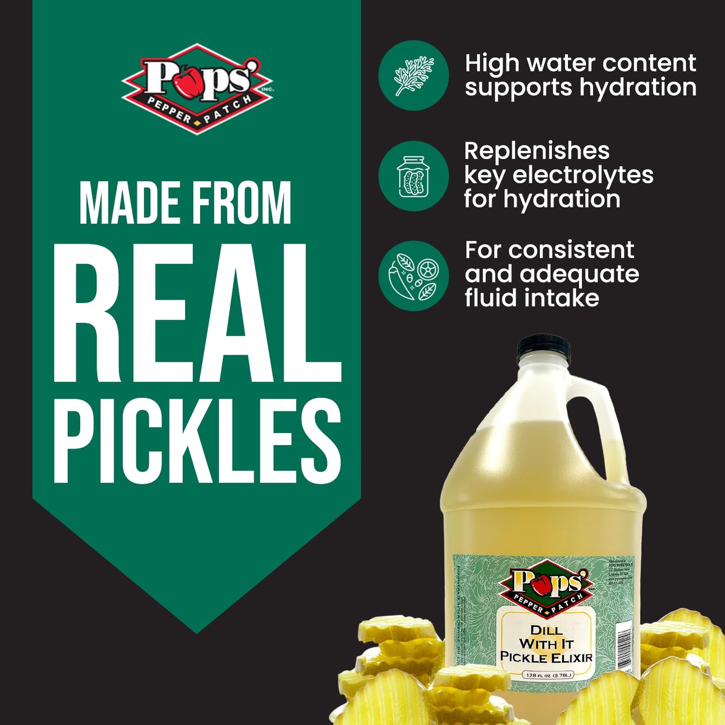 Pops Pepper Patch Pickle Elixir – Dill Pickle Brine For Leg Cramps - Made From Real Dill Juice - No Artificial Colors Or Flavors - Aids In Hydration - 1 Gallon