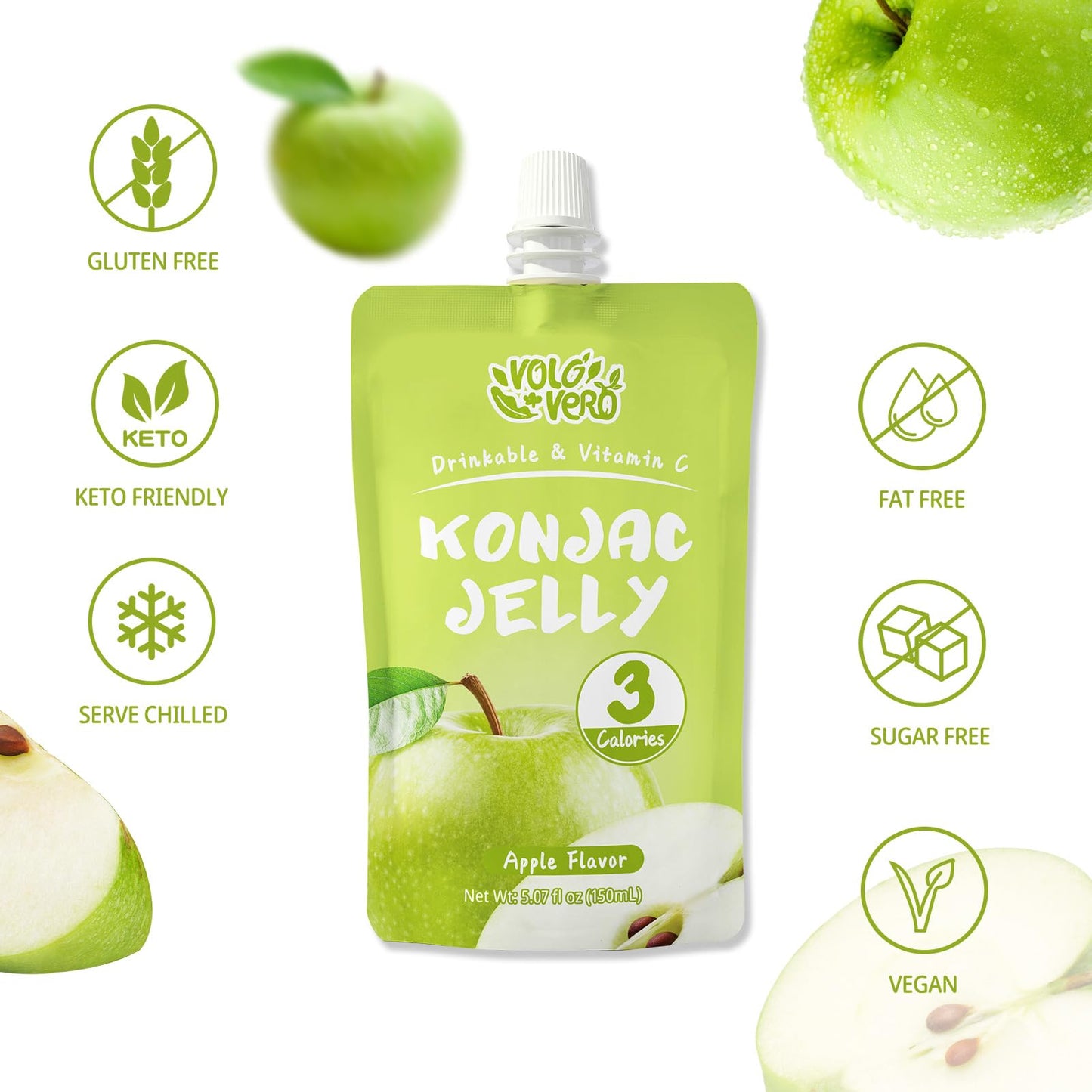 VOLO VERO Konjac Jelly Squeeze Pouch Apple Flavor, Low Calories (3 Kcal), 10 Packs, Gluten Free & Vegan, 0 Sugar, Keto, Low Carb