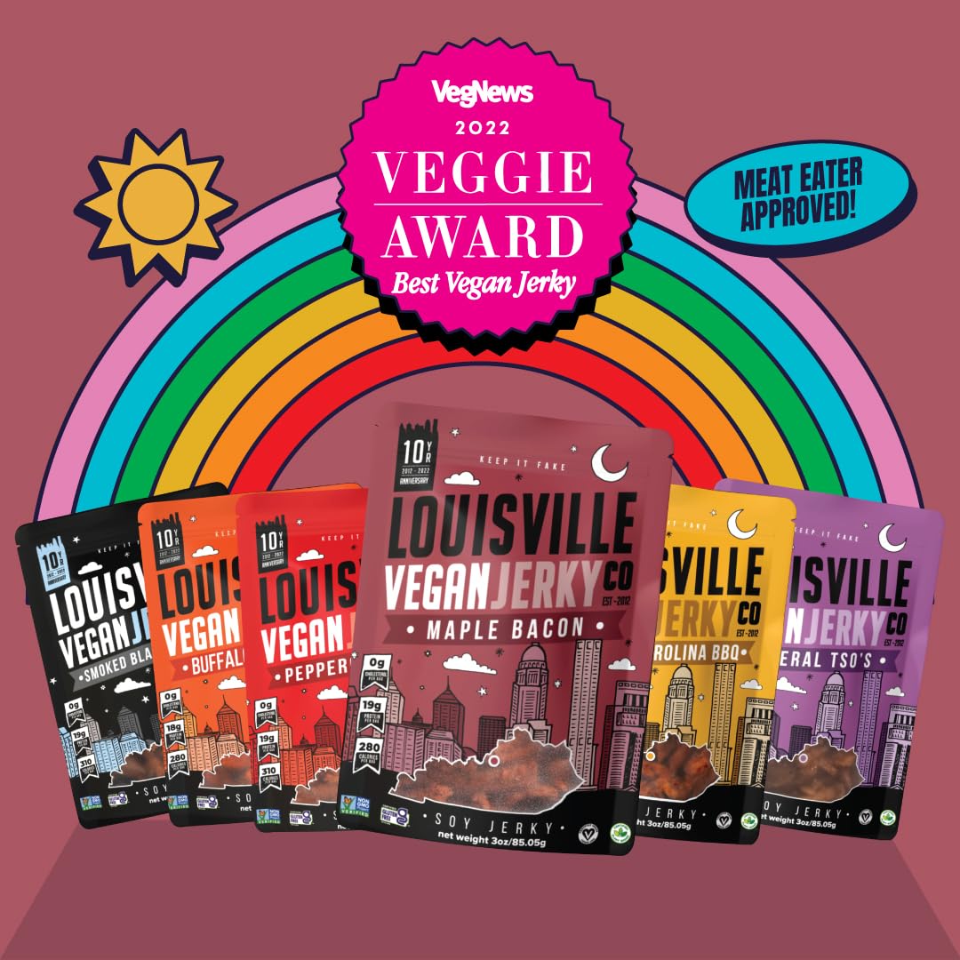 Louisville Vegan Jerky Best Sellers Variety Bundle, 3 oz. (3 Pack: Smoky Carolina BBQ, Smoked Black Pepper, Maple Bacon)