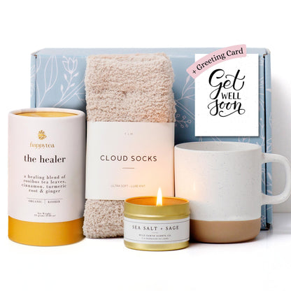 Unboxme Comforting Care Package for Women - Organic Self-Care Get Well Soon Gift Basket with Fluffy Socks, Lemon Ginger Tea Set,