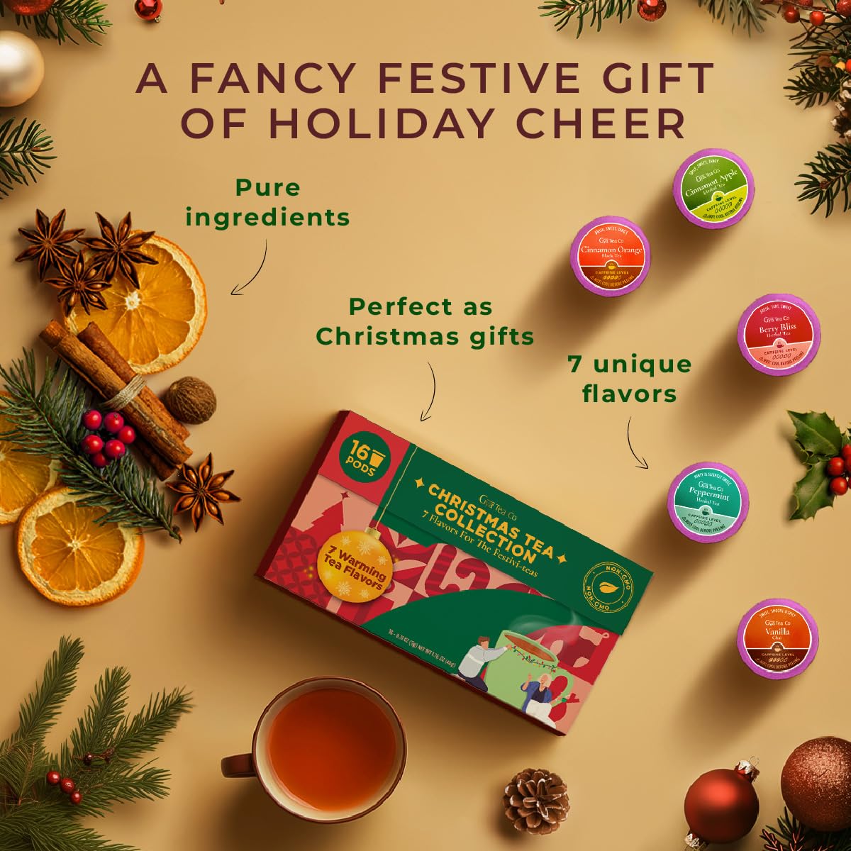 Gya Tea Co Variety Tea Pack Gift Set - 7 Flavors, 16 K Cups for Keurig - Assorted Winter Tea Pods