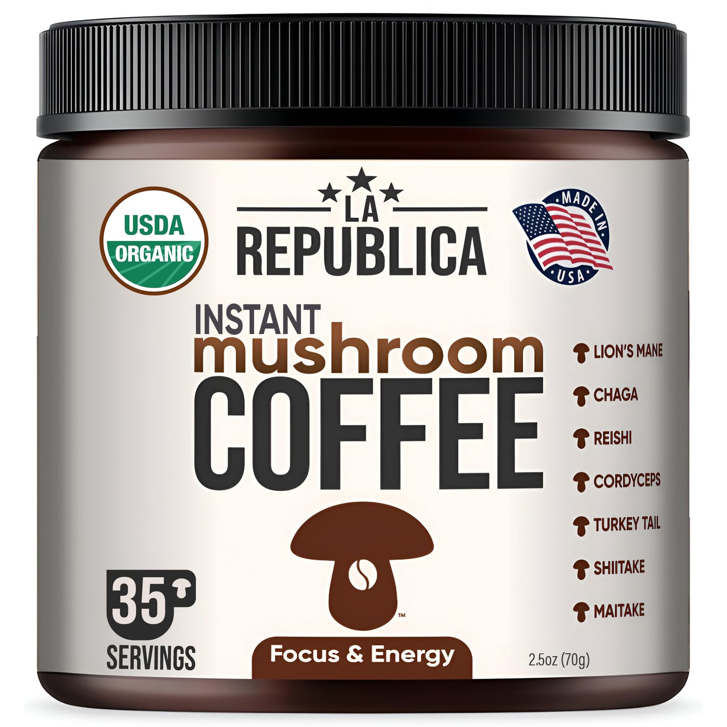 La Republica Instant Mushroom Coffee Organic - 100% Arabica Coffee With Lions Mane  Reishi & 5 More Mushrooms For Focus  Immunity  Energy Support & Fast Metabolism - 35 Servings