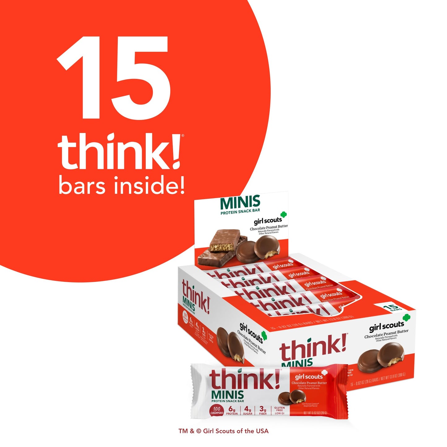 Think! Minis Protein Snack Bars, Gluten Free, Girl Scouts Chocolate Peanut Butter, 15 Count
