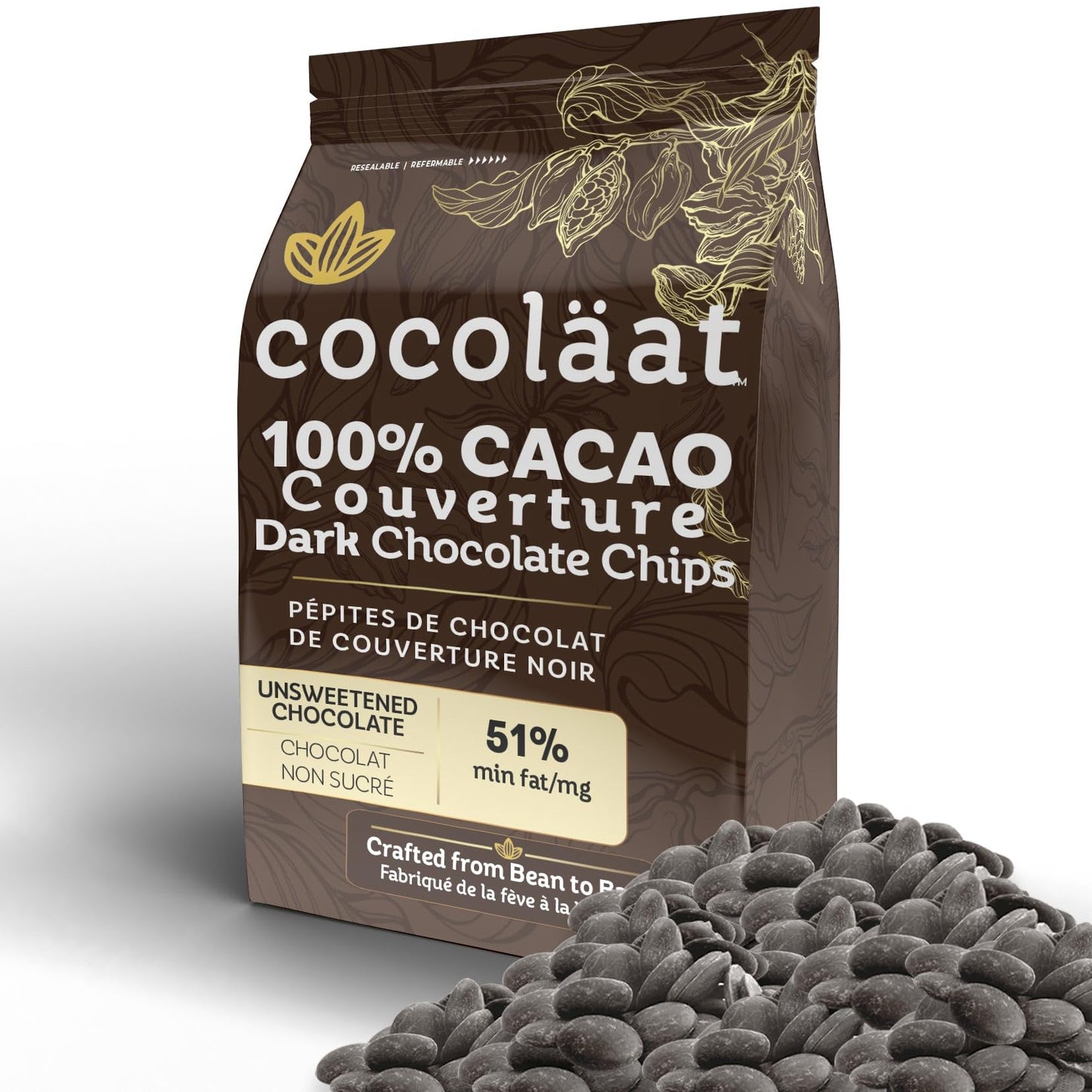 Cocoläat 100% Dark Chocolate Chips, Unsweetened, Culinary Grade, 12 oz, Dark Brown