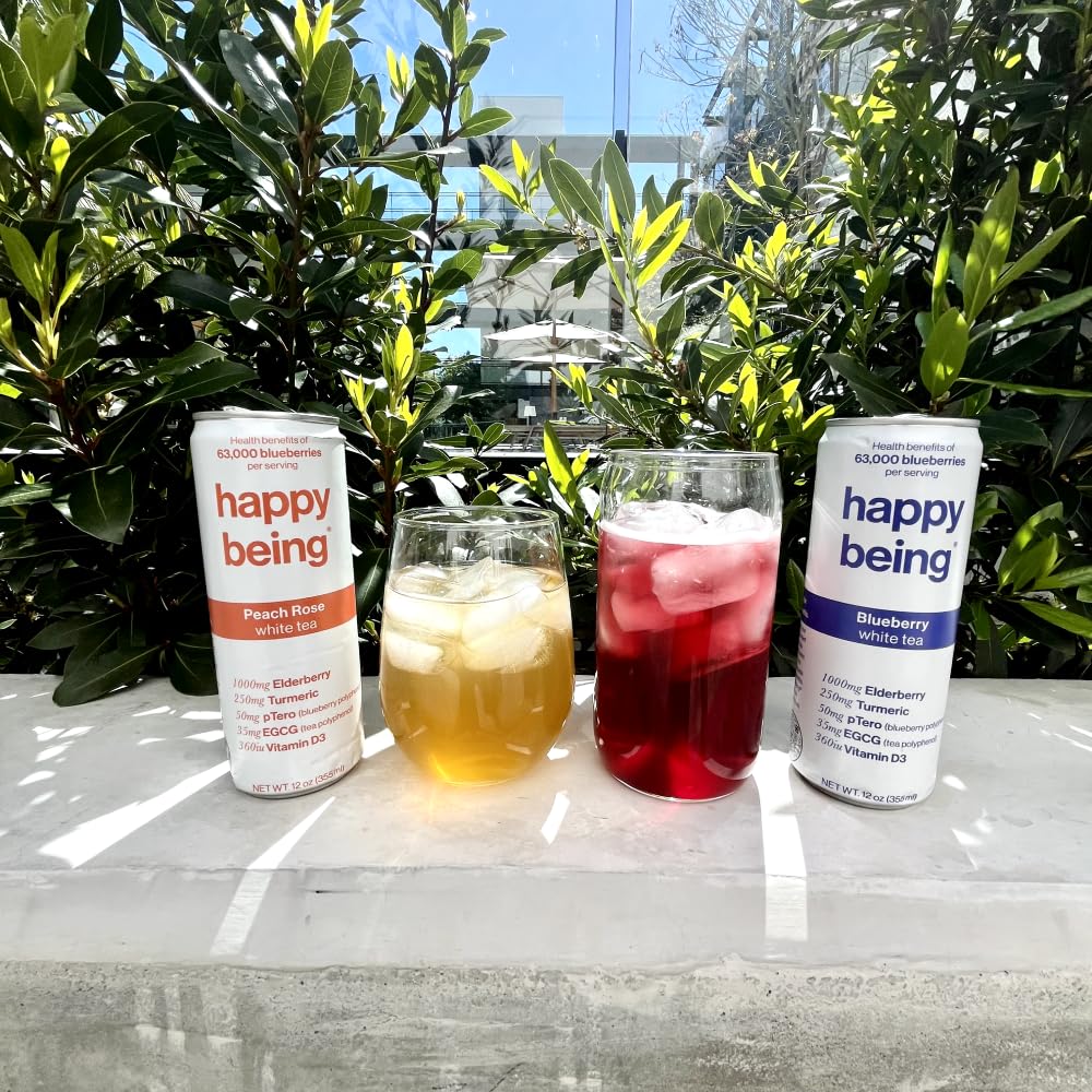 Happy Being Organic Blueberry Peach Rose White Tea, Caffeine Free, Low Calorie, Variety Pack, 16 Pack