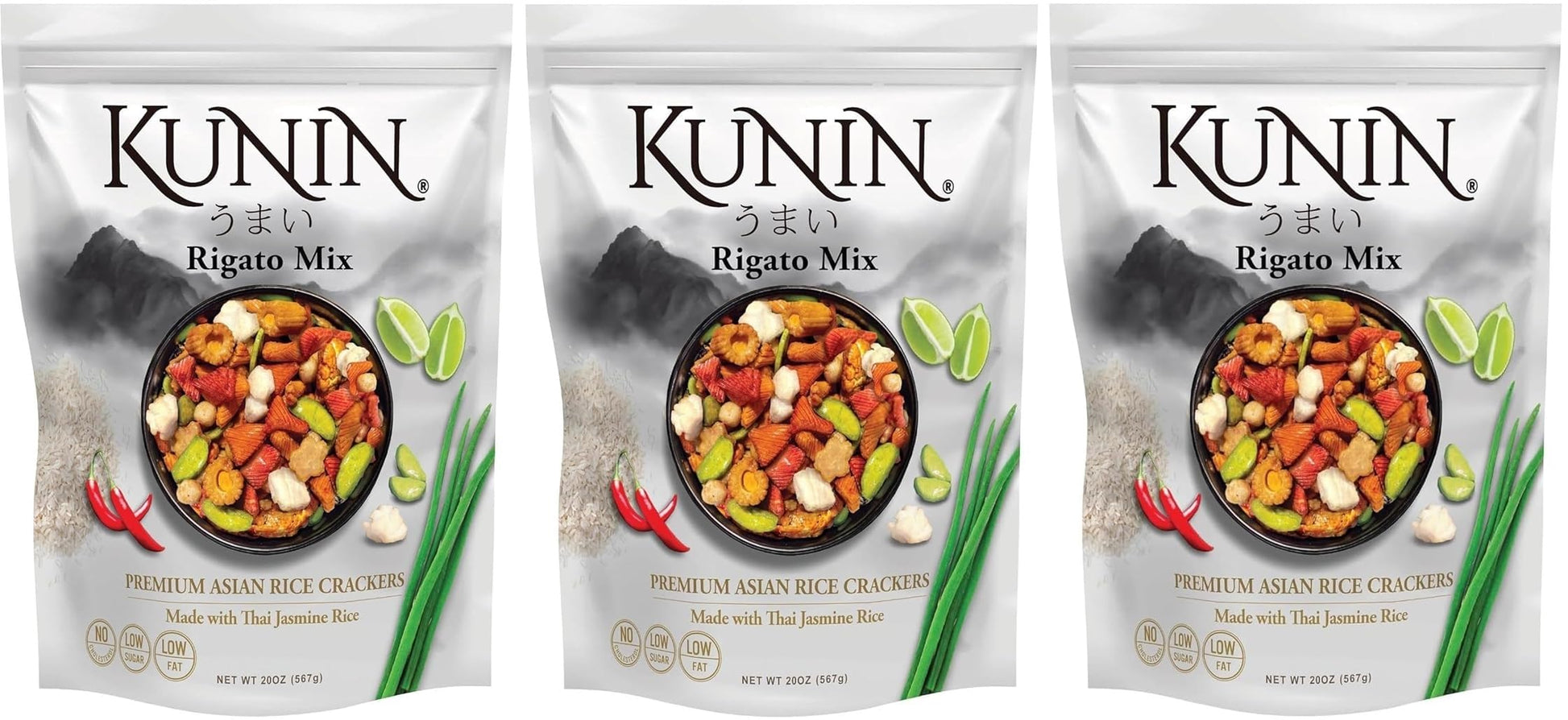 (Pack of 3) KUNIN Rigato mix, Premium Asian Cracker Made With Thai Jasmine Rice, 20 oz - Low Sugar, Low Fat, No Cholesterol
