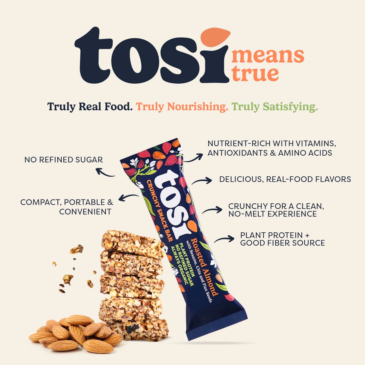 Tosi Almond Protein Bars, Plant-Based Vegan Snacks, Gluten-Free, 12 Count