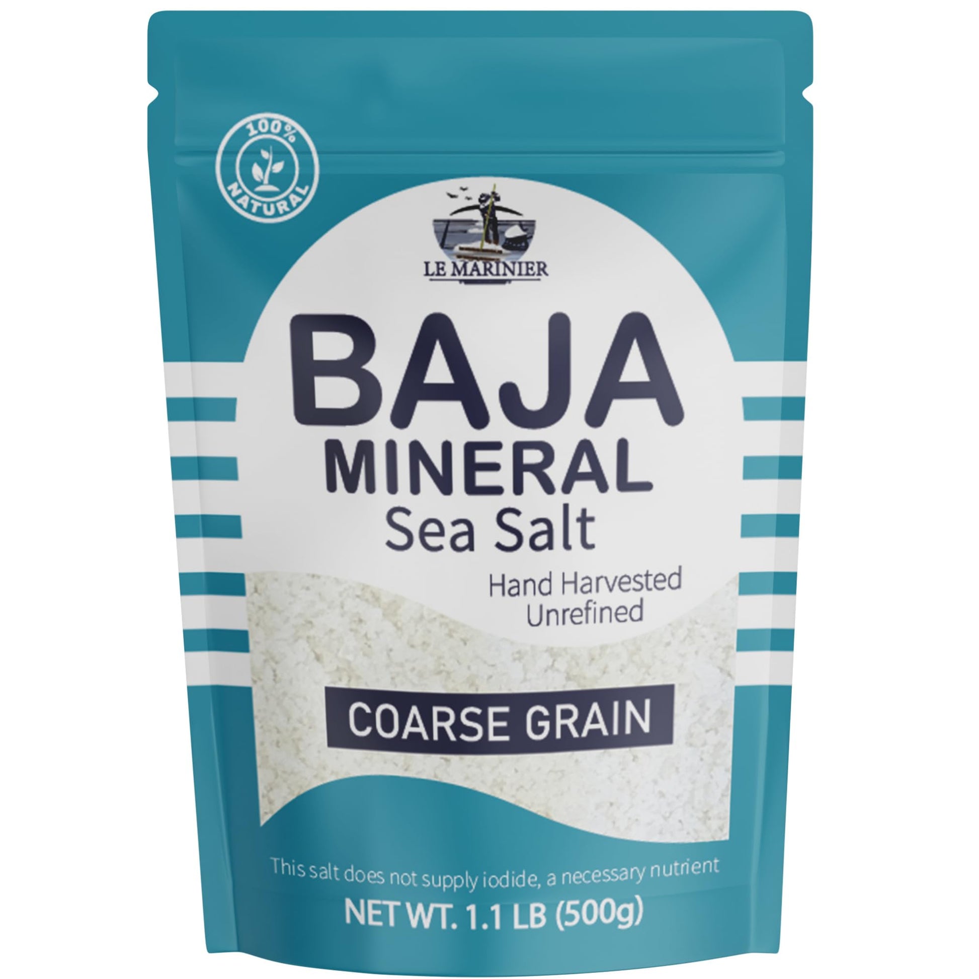 Le Marinier Baja Mineral Sea Salt Coarse Grain, 1.1Lb - 18Oz | 100% Natural And Unrefined | Authentic Baja Sea Salt, Mineral Rich, Hand Harvested (1.1Lb Coarse Grain Baja Salt)