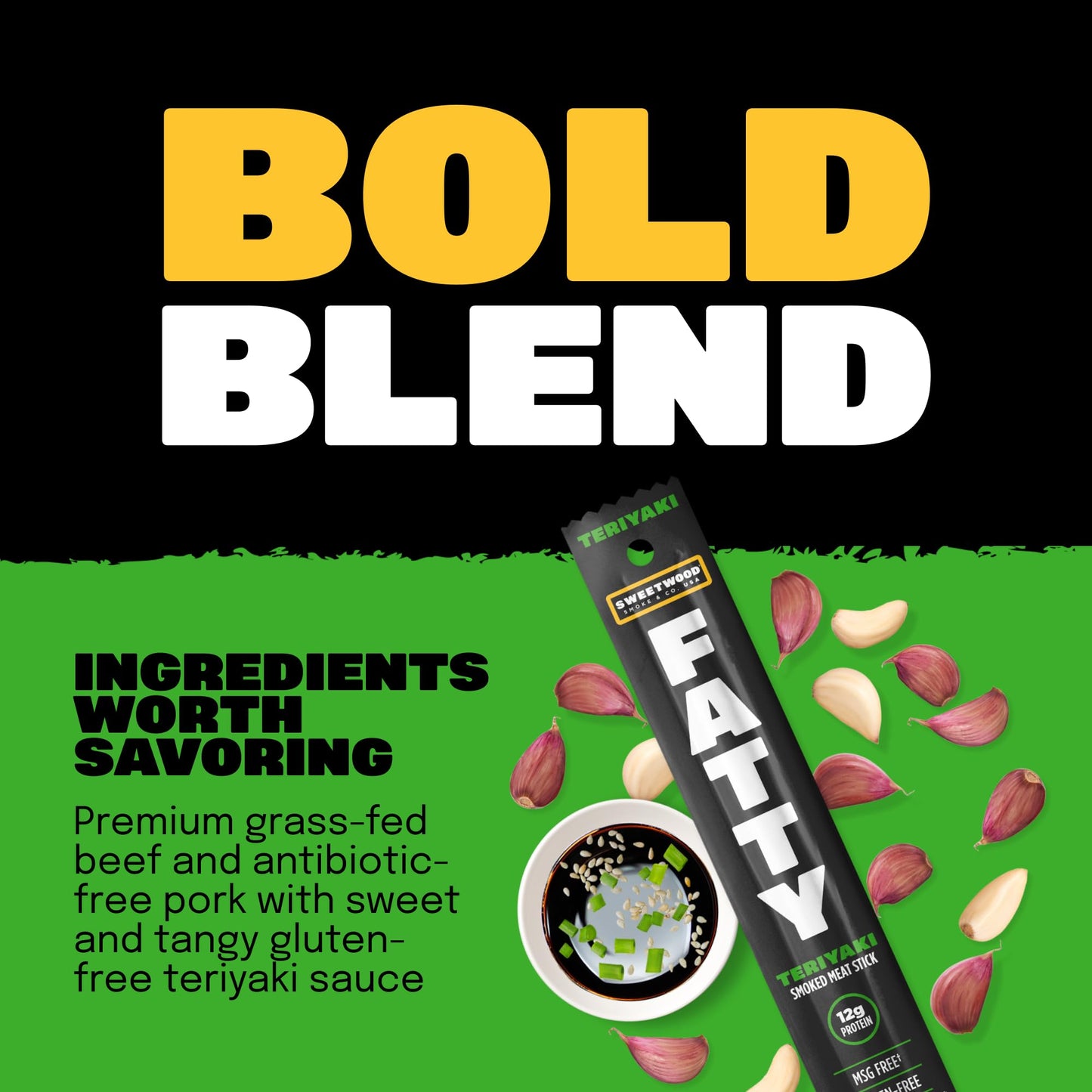 American Made Sweetwood Smokehouse FATTY Meat Sticks, Grass-Fed Beef, Teriyaki Flavor, 2 Ounce (Pack of 20), Gluten Free, Low Carb