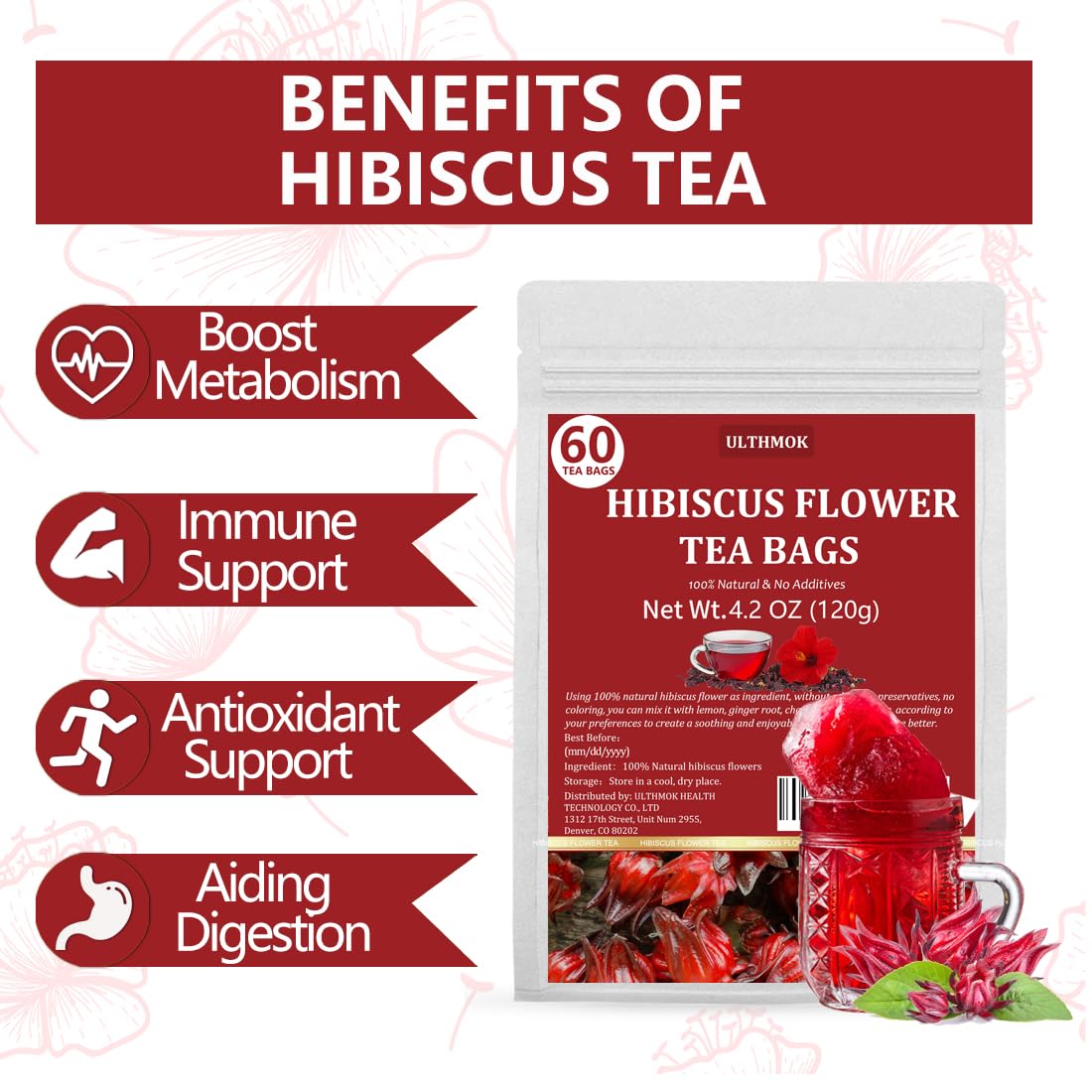 ULTHMOK Premium Hibiscus Tea Bags, 60 Count, 100% Pure Dried Hibiscus Flower, Caffeine Free, Natural, No Additives