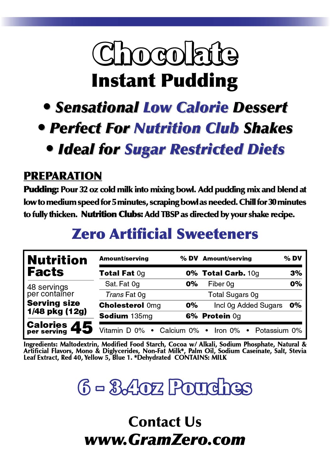 Gramzero Chocolate Sugar Free Pudding Mix 6-Pack, Great For Nutrition Club Meal Replacement Shakes, Low Calorie Dessert, Stevia