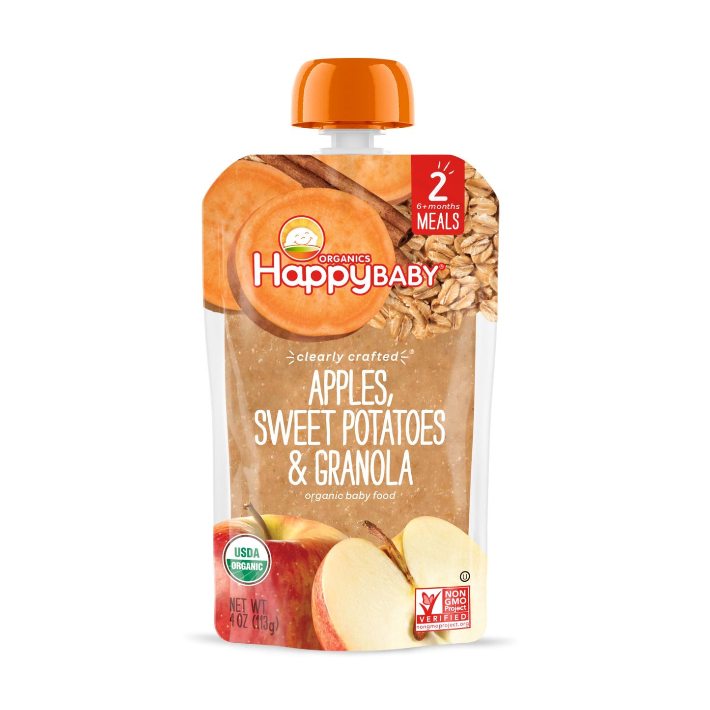 Happy Baby Organics Stage 2 Baby Food Pouches, Gluten Free, Vegan & Healthy Snack, Clearly Crafted Fruit & Veggie Puree, Apples,