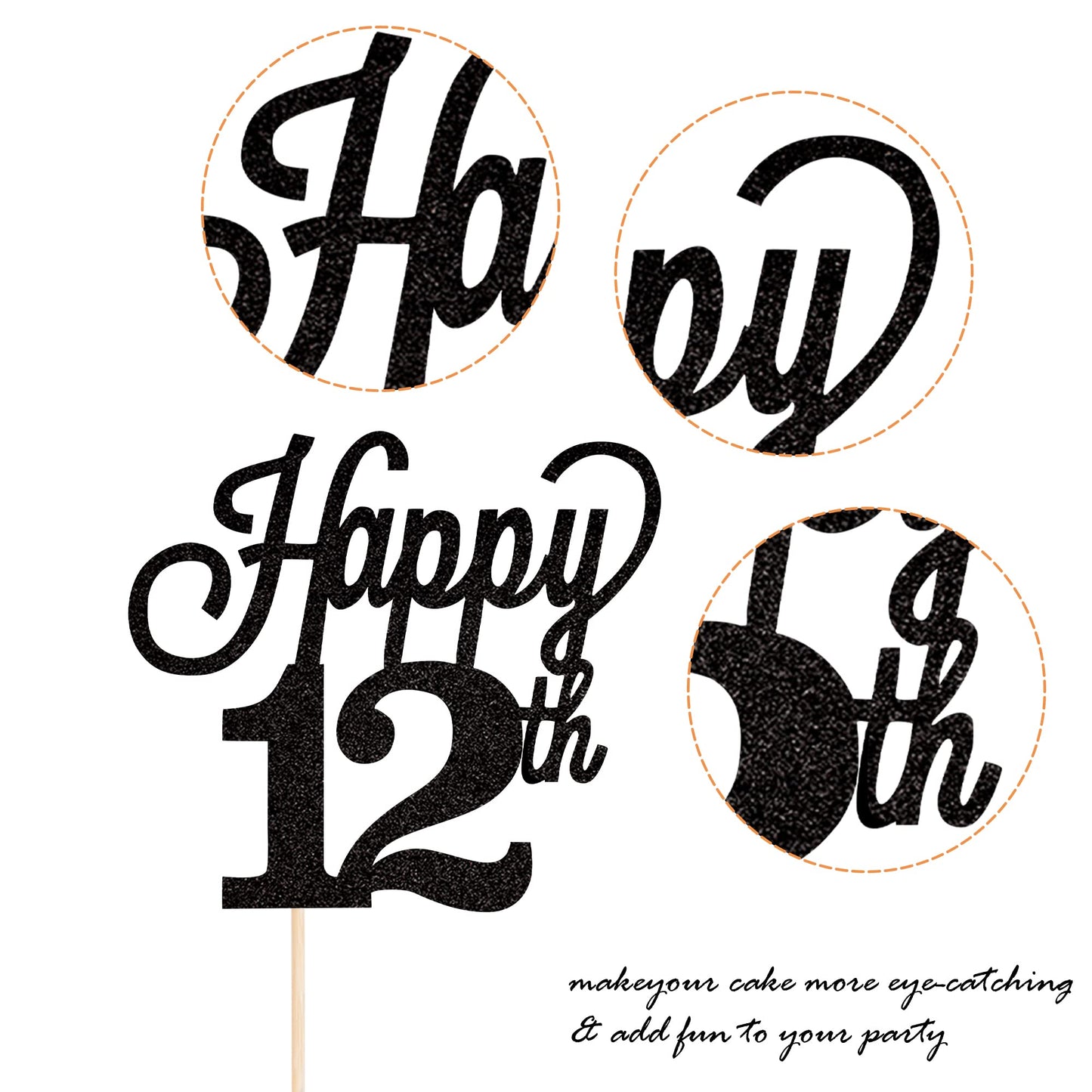 YCTHUNFISH Cake Topper Black Glitter Number 12 for 12th Birthday, Wedding Anniversary, Bamboo Material