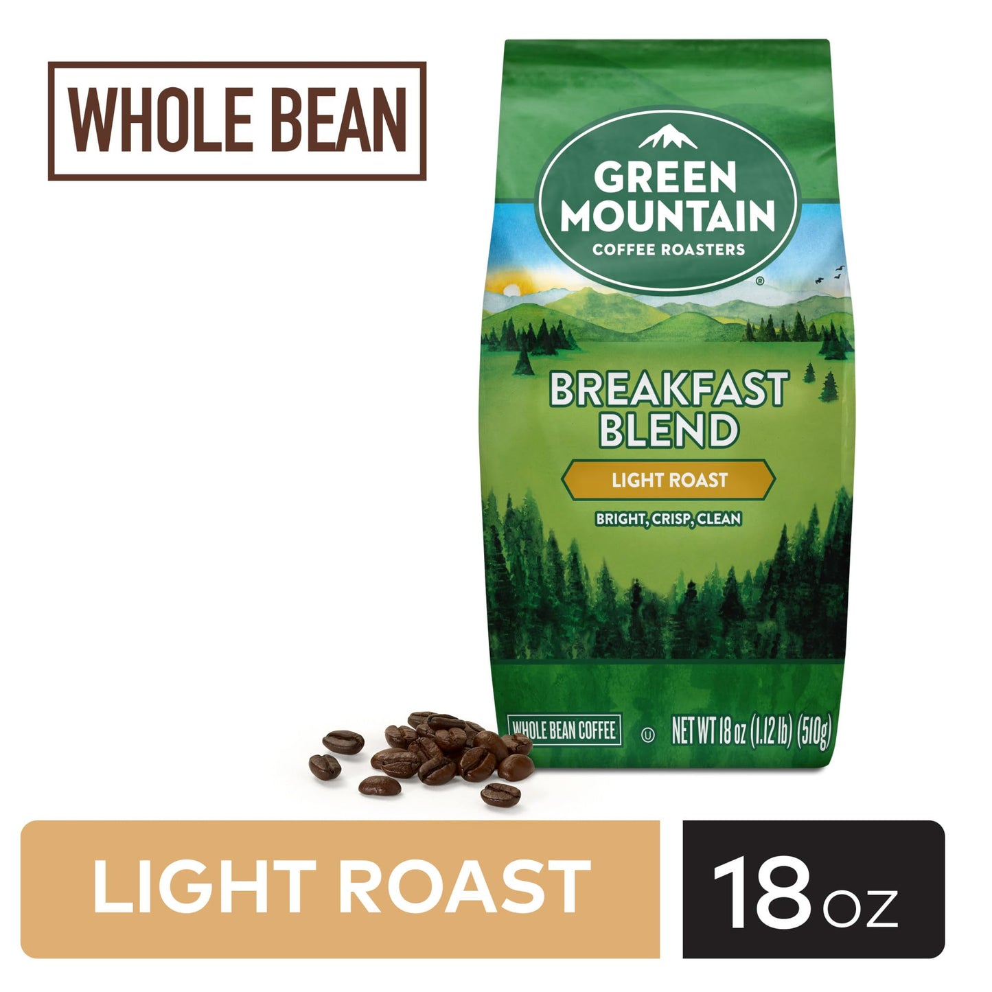 Green Mountain Coffee Roasters Breakfast Blend, Whole Bean Coffee, Bagged 18 Oz