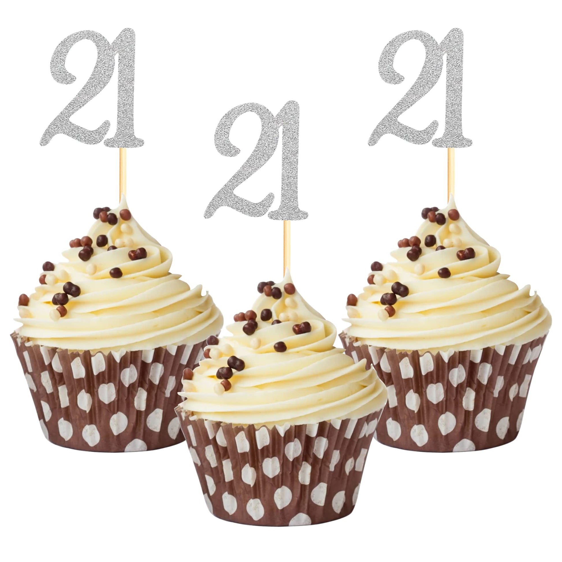 Sumerk 21 Cupcake Toppers, Silver Glitter, 24PCS, Paper, Small, 21st Birthday Anniversary Party Decorations