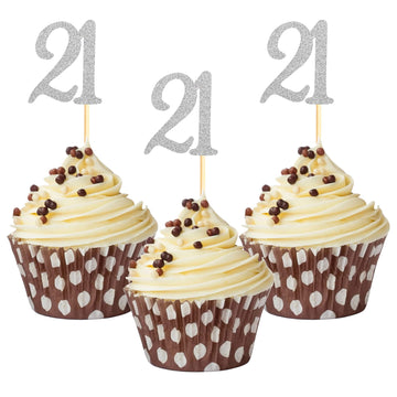 Sumerk 21 Cupcake Toppers, Silver Glitter, 24PCS, Paper, Small, 21st Birthday Anniversary Party Decorations