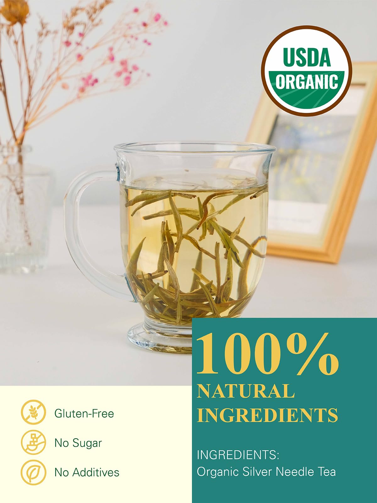 Gldnt Organic Silver Needle White Tea, Enhanced Chinese Organic White Tea Loose Leaf, Low Caffeine, Delicate & Smooth Flavor, 3.5Oz