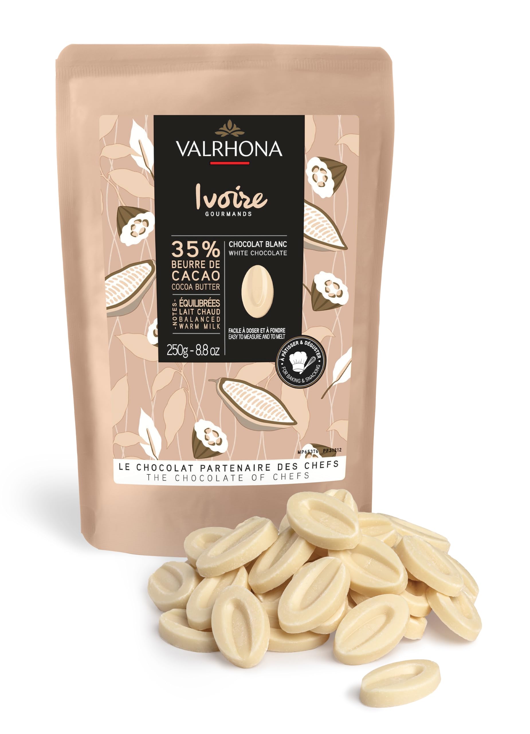 VALRHONA White Chocolate Discs 35% Cacao for Baking, Sauces, and Frostings, 250g Pack