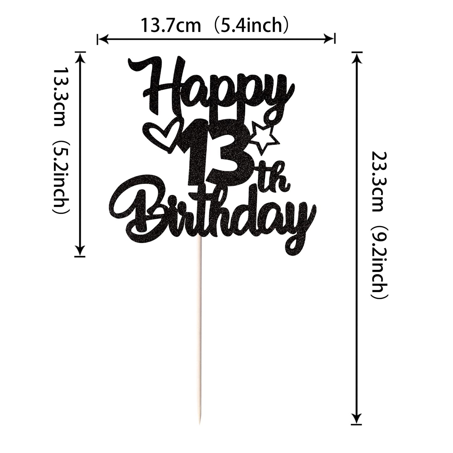YCTHUNFISH Birthday Cake Topper Glitter Heart Star 13, Black, 1 Pack, Ideal for 13th Birthday Theme Party Decorations