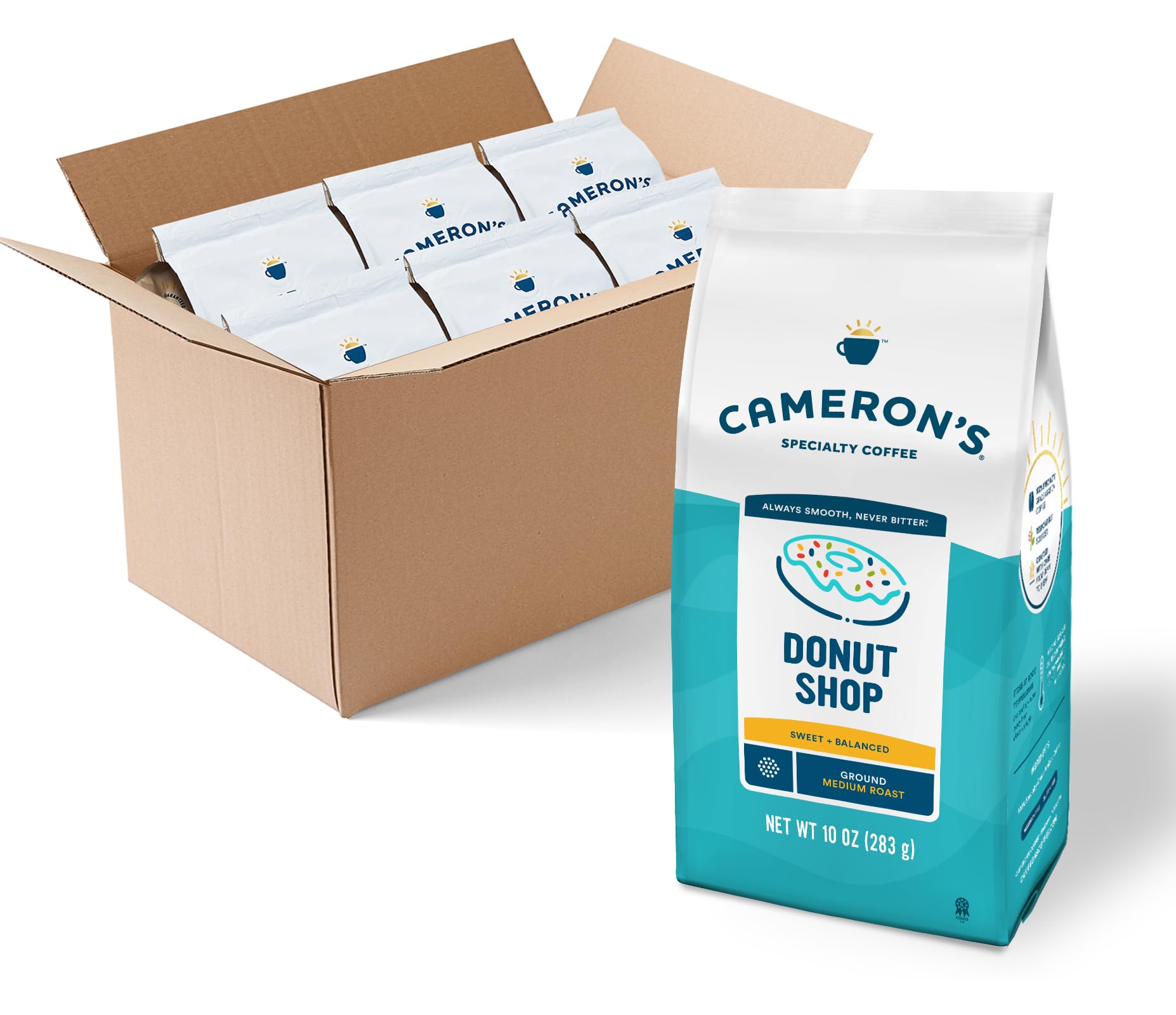 Cameron s Coffee Roasted Ground Coffee Bag, Donut Shop Blend, 10 Ounce, Pack of 6