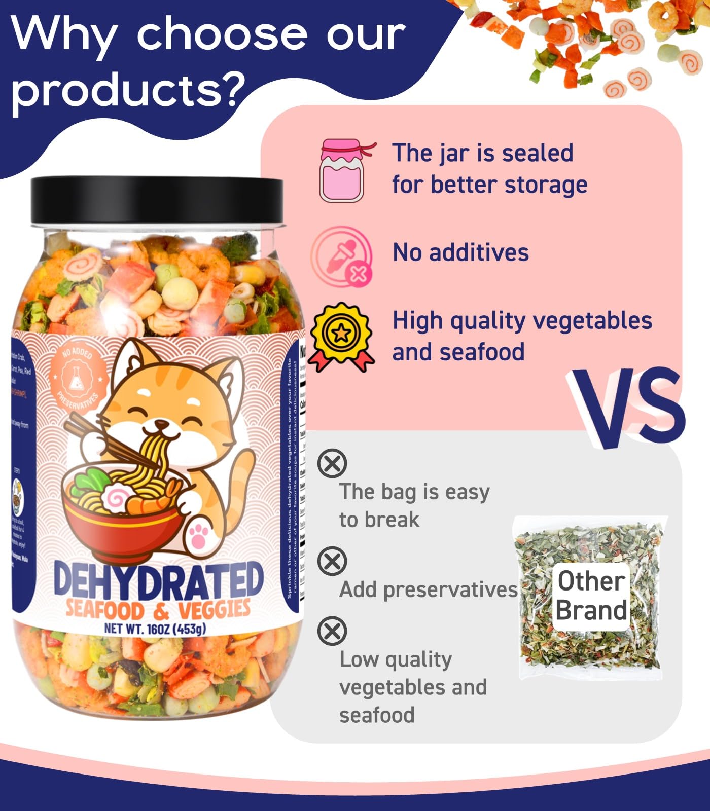 Egcina 16oz Freeze-Dried Seafood & Vegetable Mix - 100% Natural Ramen Toppings, 11 Ingredients, No Additives, Emergency Food Supply