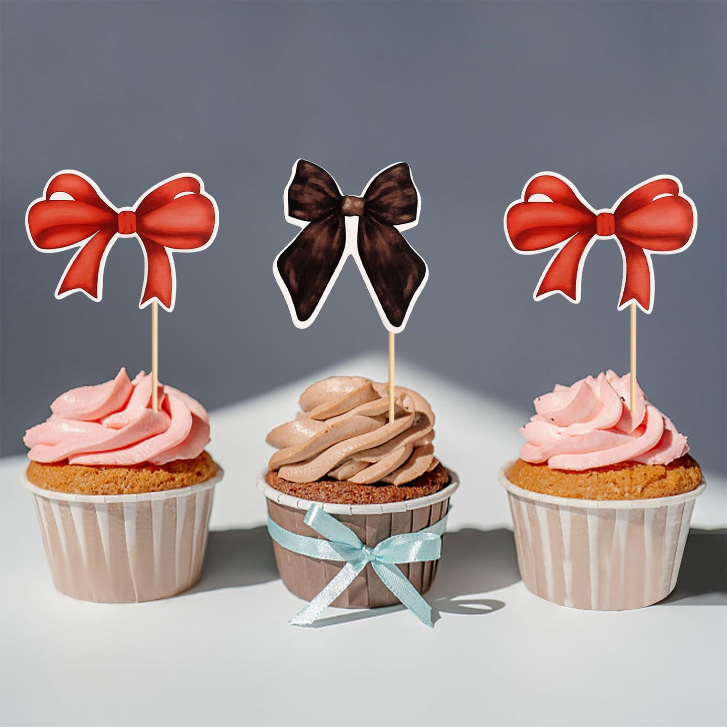 24 Pack Bow Cupcake Toppers Red Black Bowknot Cupcake Picks Bridal Shower Baby Shower Girls Theme Cake Dessert Picks Decoration