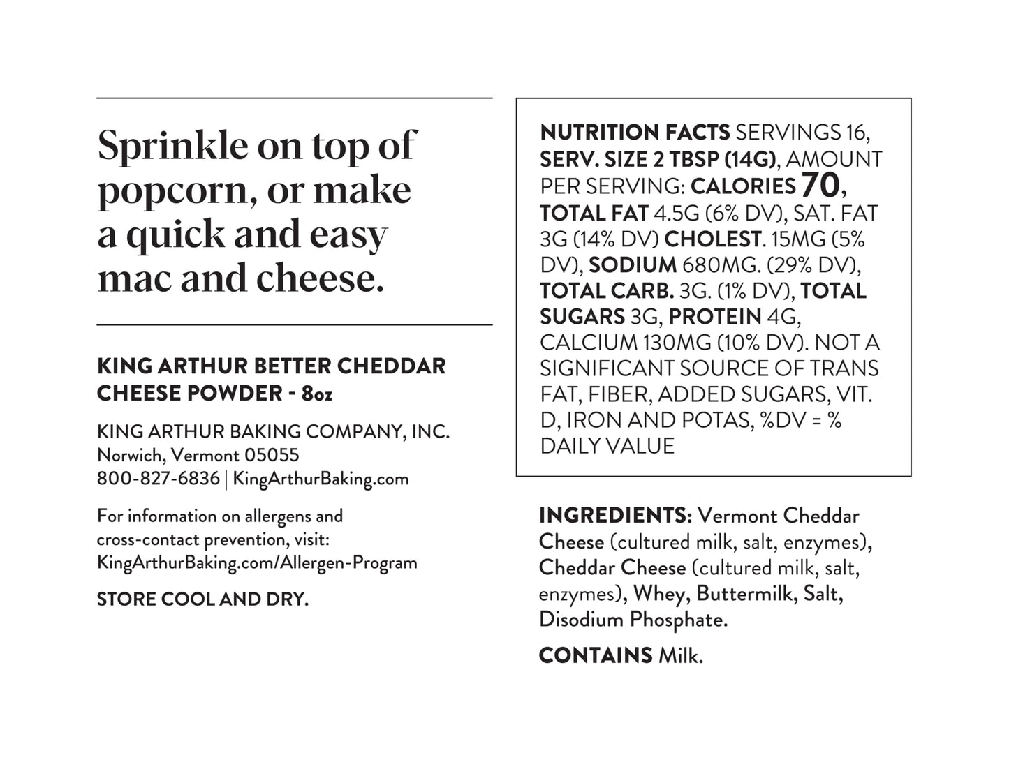 King Arthur Better Cheddar Cheese Powder: enhanced Sharp Cheddar Flavor for Popcorn  Pasta  and More - Versatile Cooking Ingredient in 8 oz Reusable Jar - Elevate Your Dishes with Rich  Authentic Taste