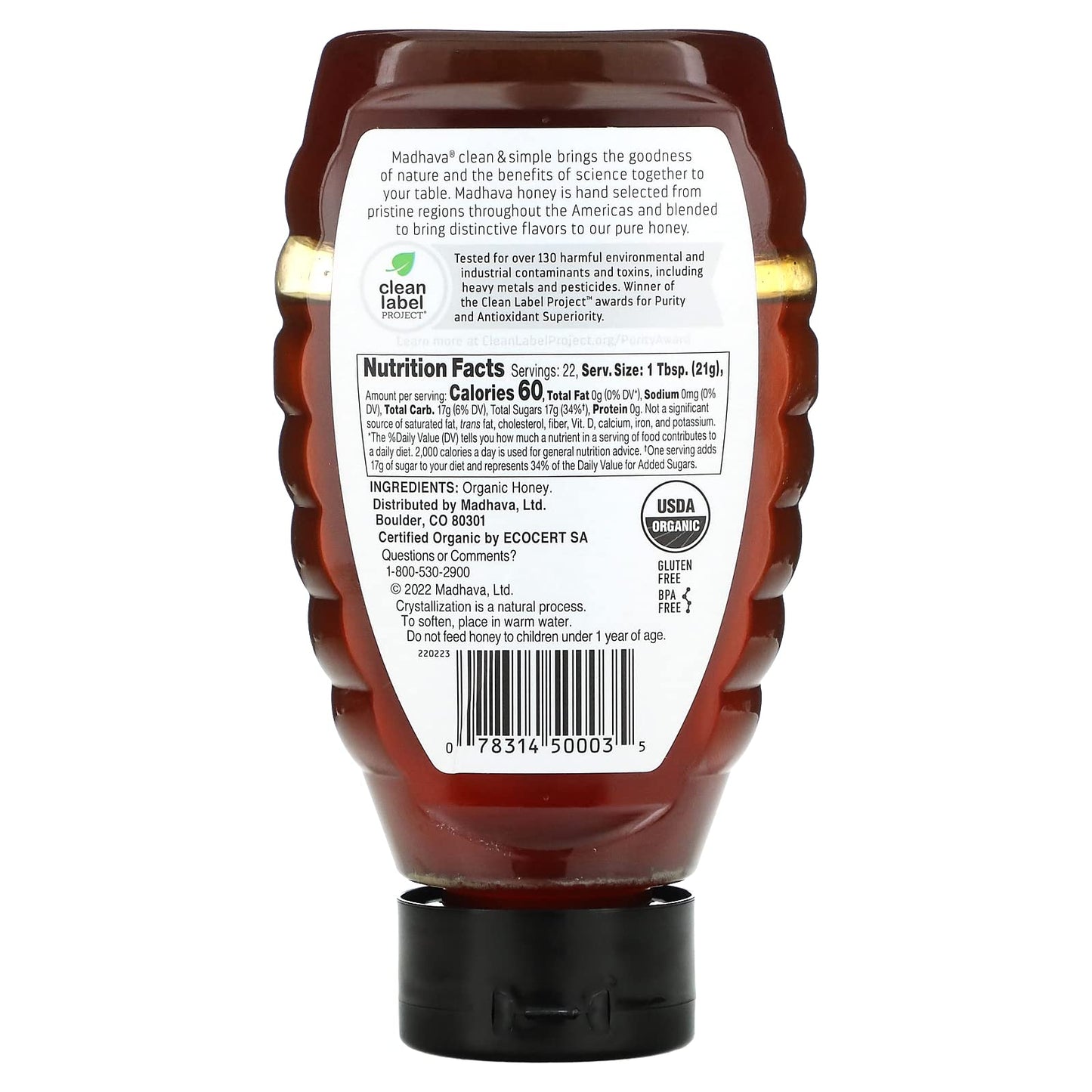 Madhava Organic Amber Honey Unfiltered 16 Oz(Pack Of 1)  Natural Sweetener Sugar Alternative  100% Pure Organic Honey  Pure Hone