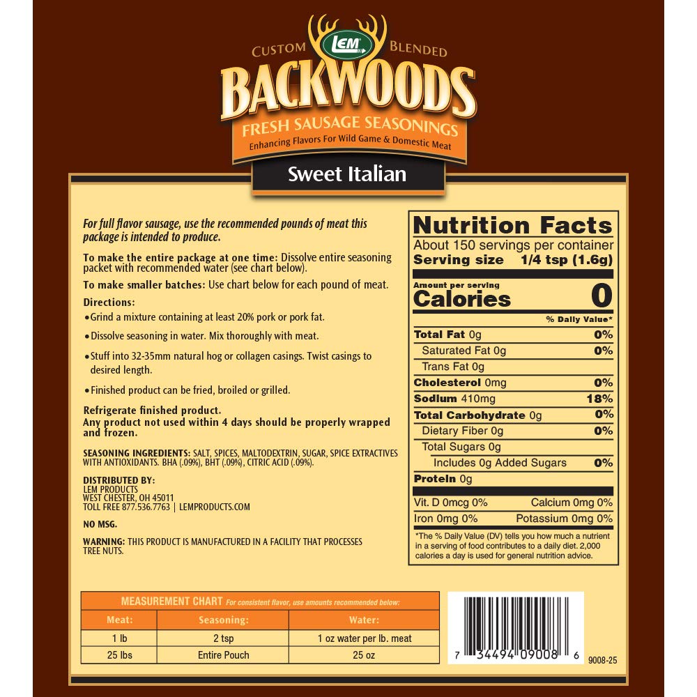 LEM Backwoods Sweet Italian Sausage Seasoning, Ideal for Wild Game, 8.3 oz Packet, Seasons Up to 25 Pounds of Meat, Model 9008